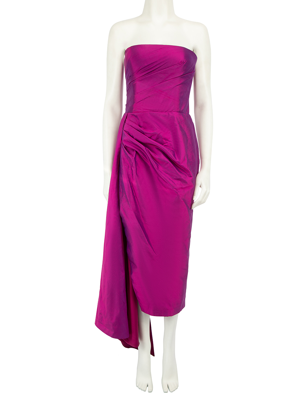 Rasario Pre-Owned Magenta Fitted Silk Gathered Drape Detail Midi Dress