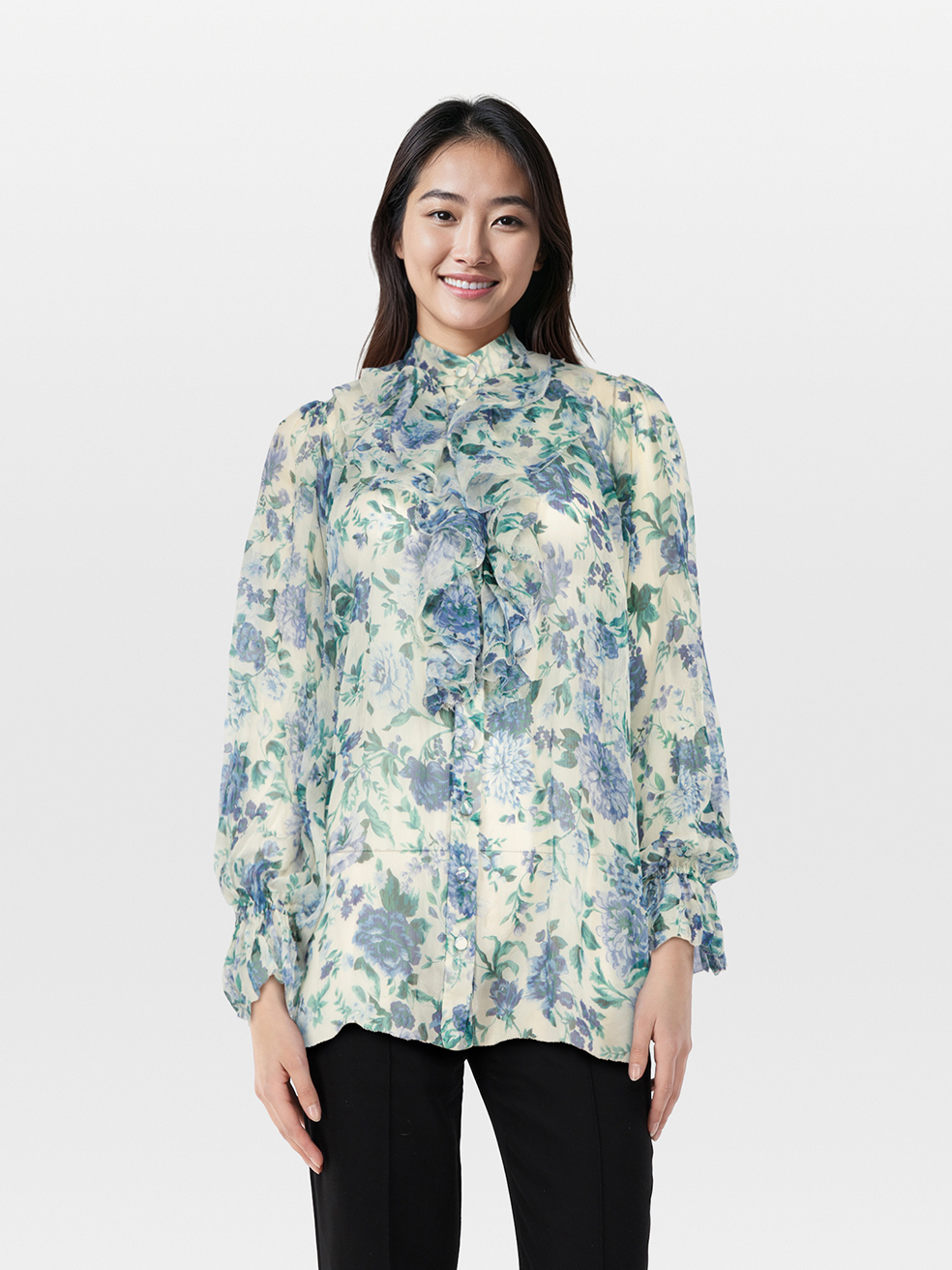 Zimmermann Pre-Owned Blue Floral Silk Ruffle Trim Sheer Top