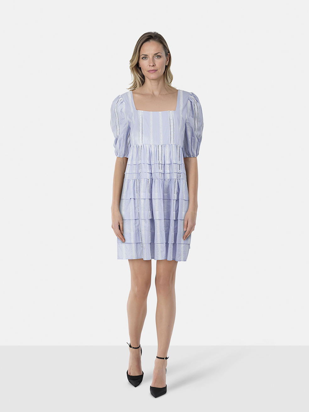 Maje Blue Embroidered Stripe Tiered Mini Dress