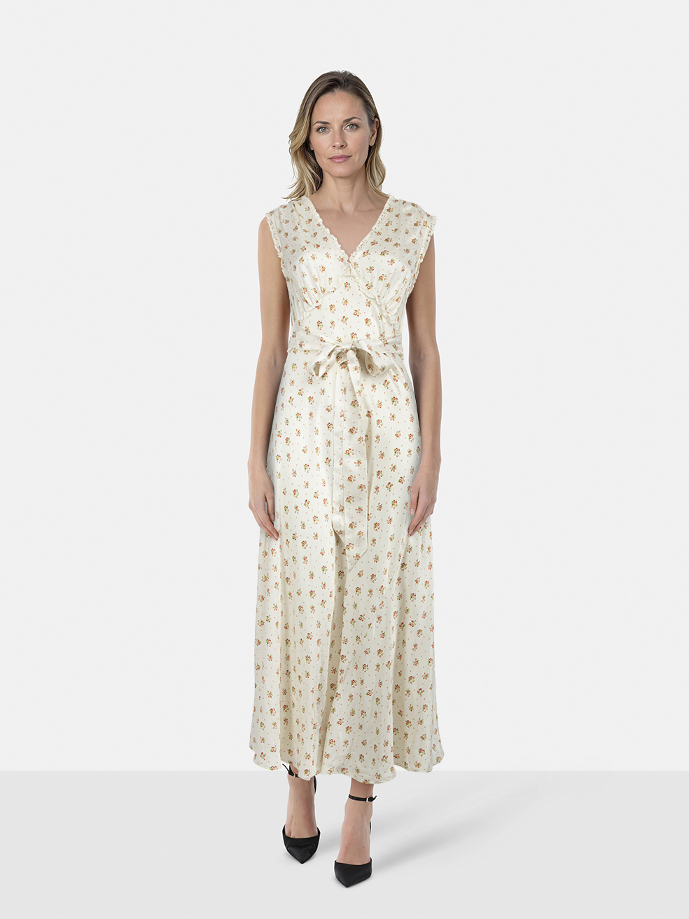 D�EN Ecru Floral Print Silk Midi Dress