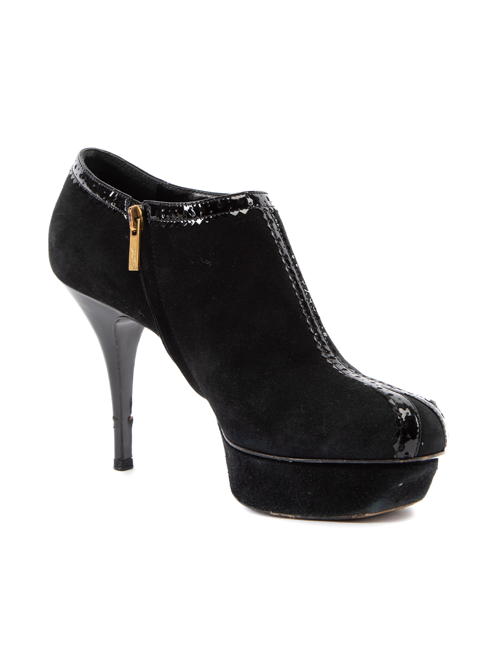 Saint Laurent Women's Black Yves Suede With Patent Leather Trim Platform Booties