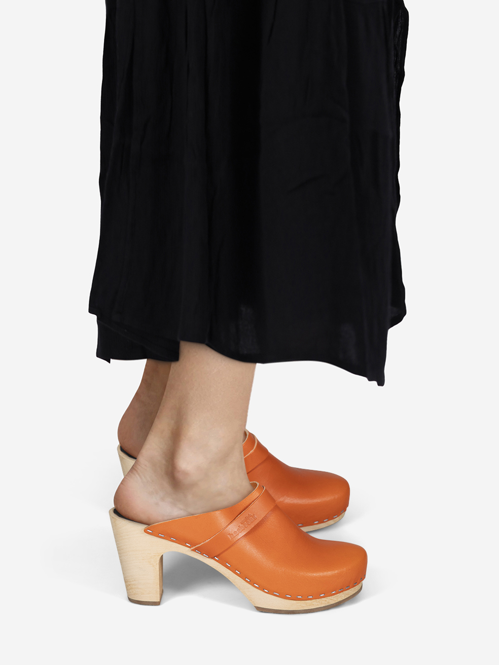 Swedish Hasbeens Pre-Owned Orange Leather Heeled Clogs