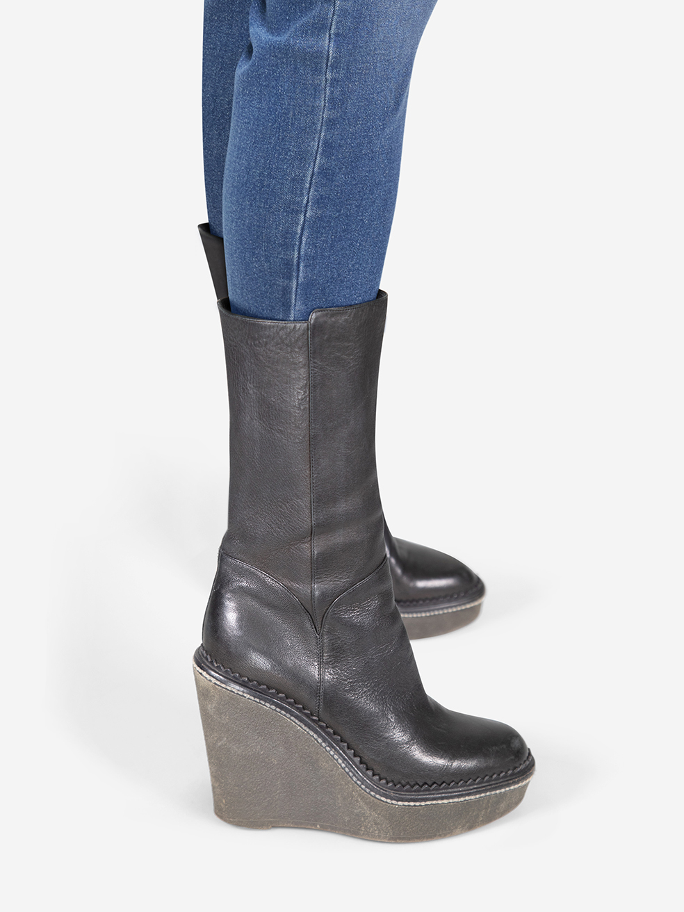 Saint Laurent Pre-Owned Black Leather Wedge Mid Calf Boots