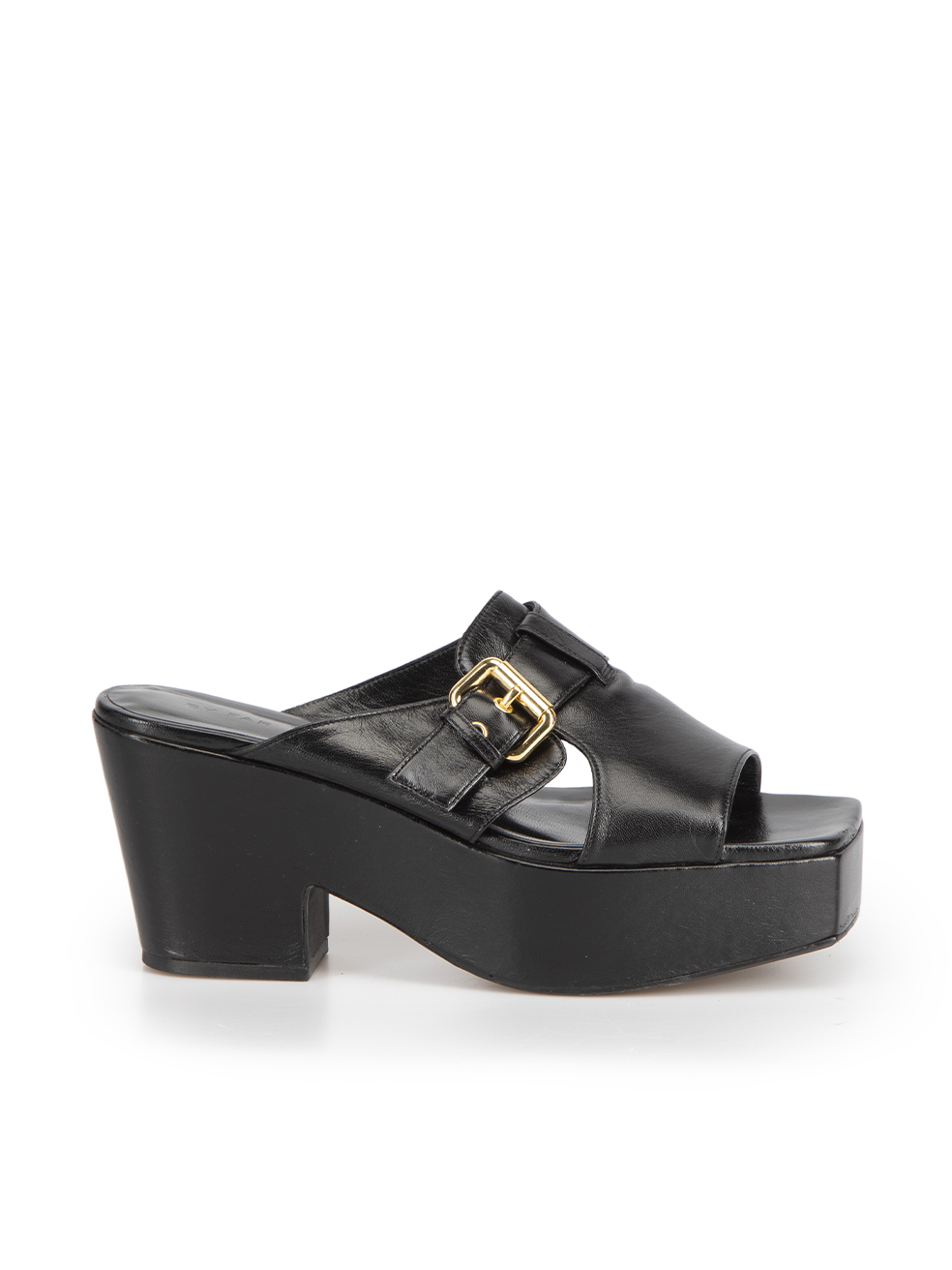 By Far Pre-Owned Black Gloss Leather Lenka Buckle Platform Mules