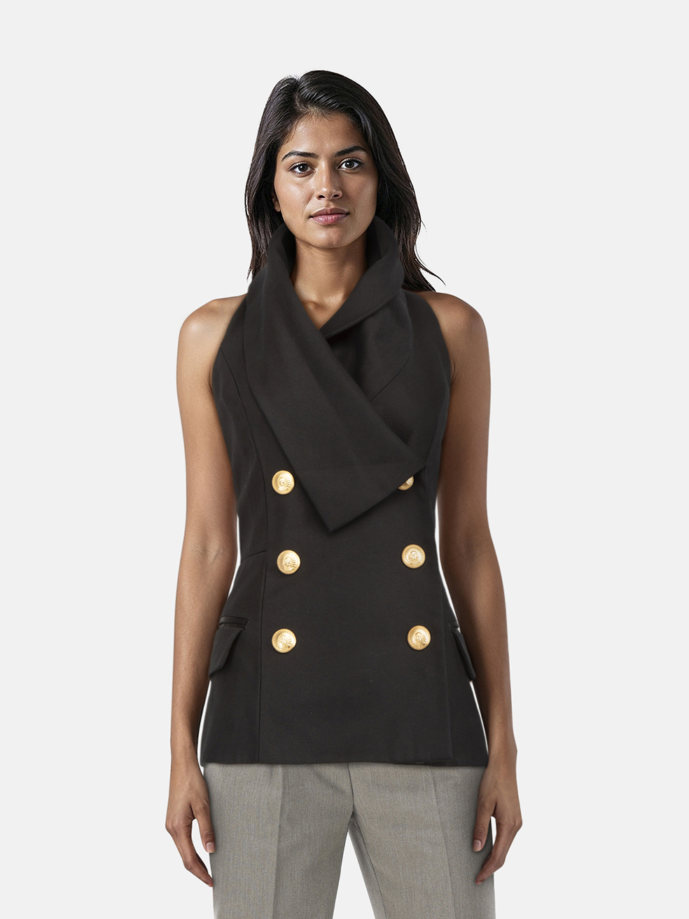 Balmain Black Halterneck Double Breasted Vest