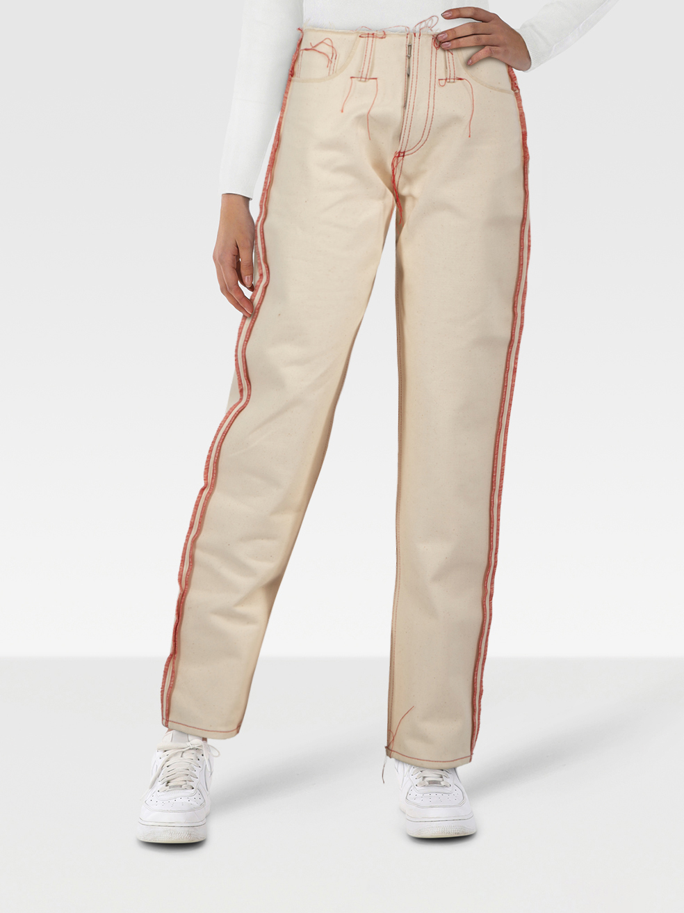 Maison Margiela Ecru Denim Red Trim Raw Hem Jeans