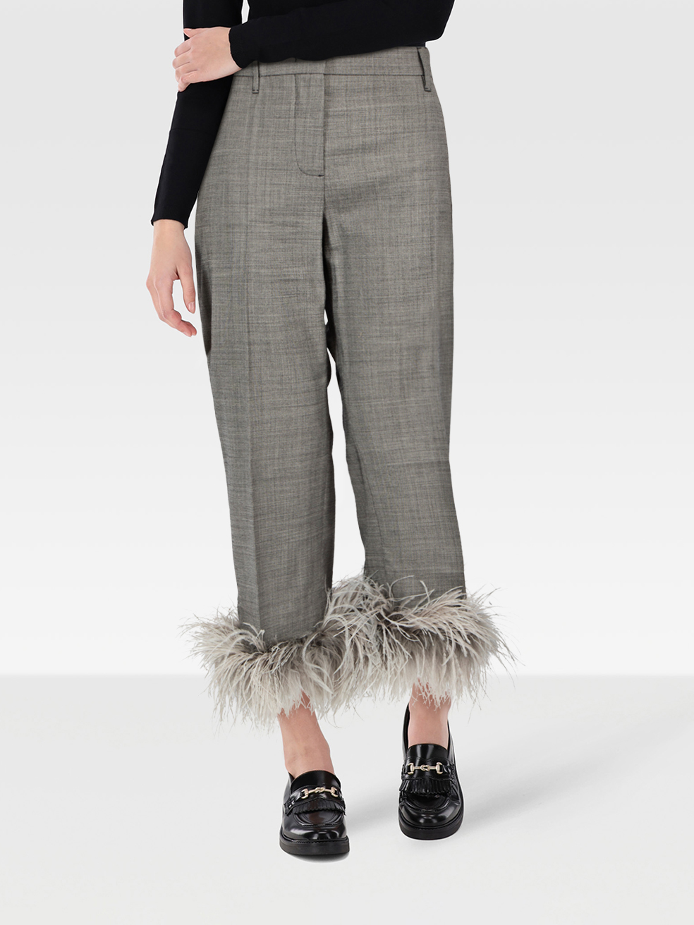 Prada Pre-Owned 2016 Manteau Grey Wool & Ostrich Feathers Trousers
