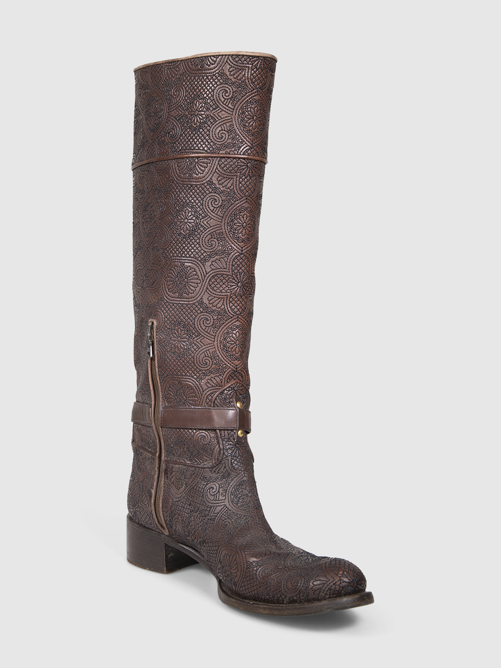 Prada Brown Leather Floral Embroidered Boots