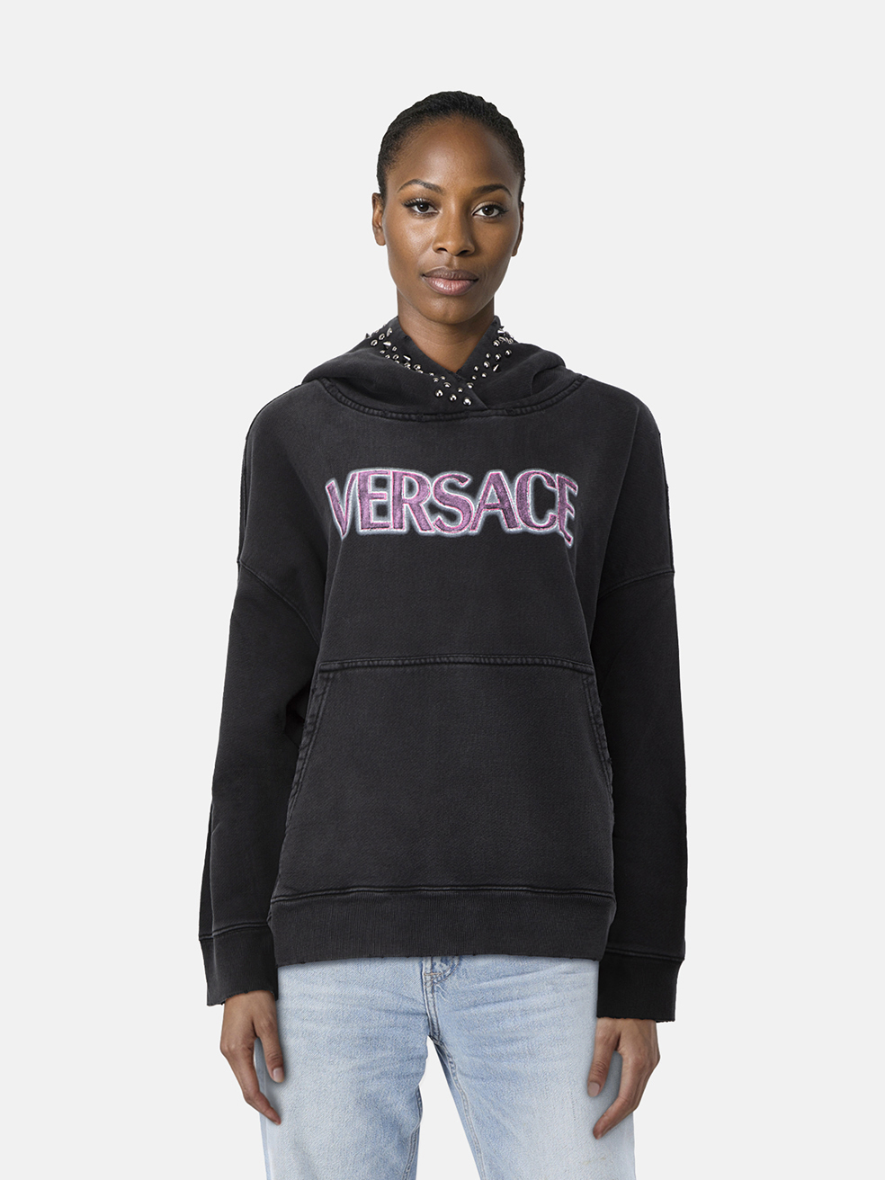 Versace Black Studded Vintage Effect Logo Hoodie