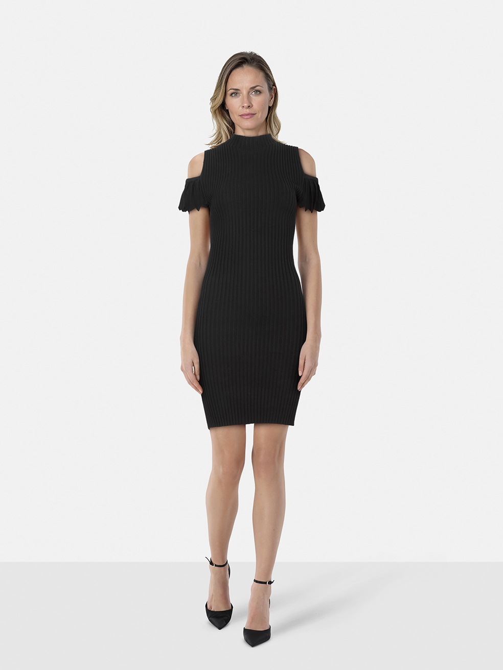 Maje Black Ribbed Knit Mini Off Shoulder Dress