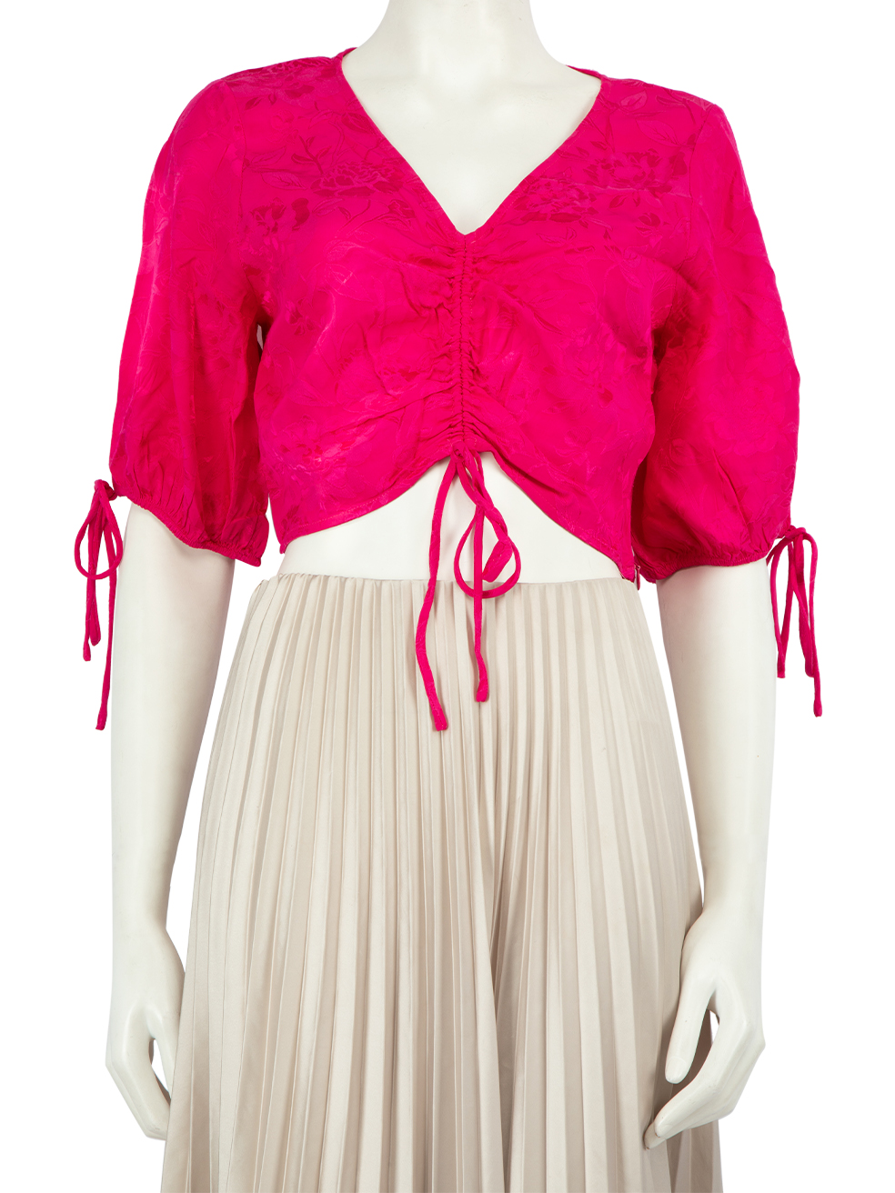 STAUD Pre-Owned Pink Floral Jacquard Ruched Top