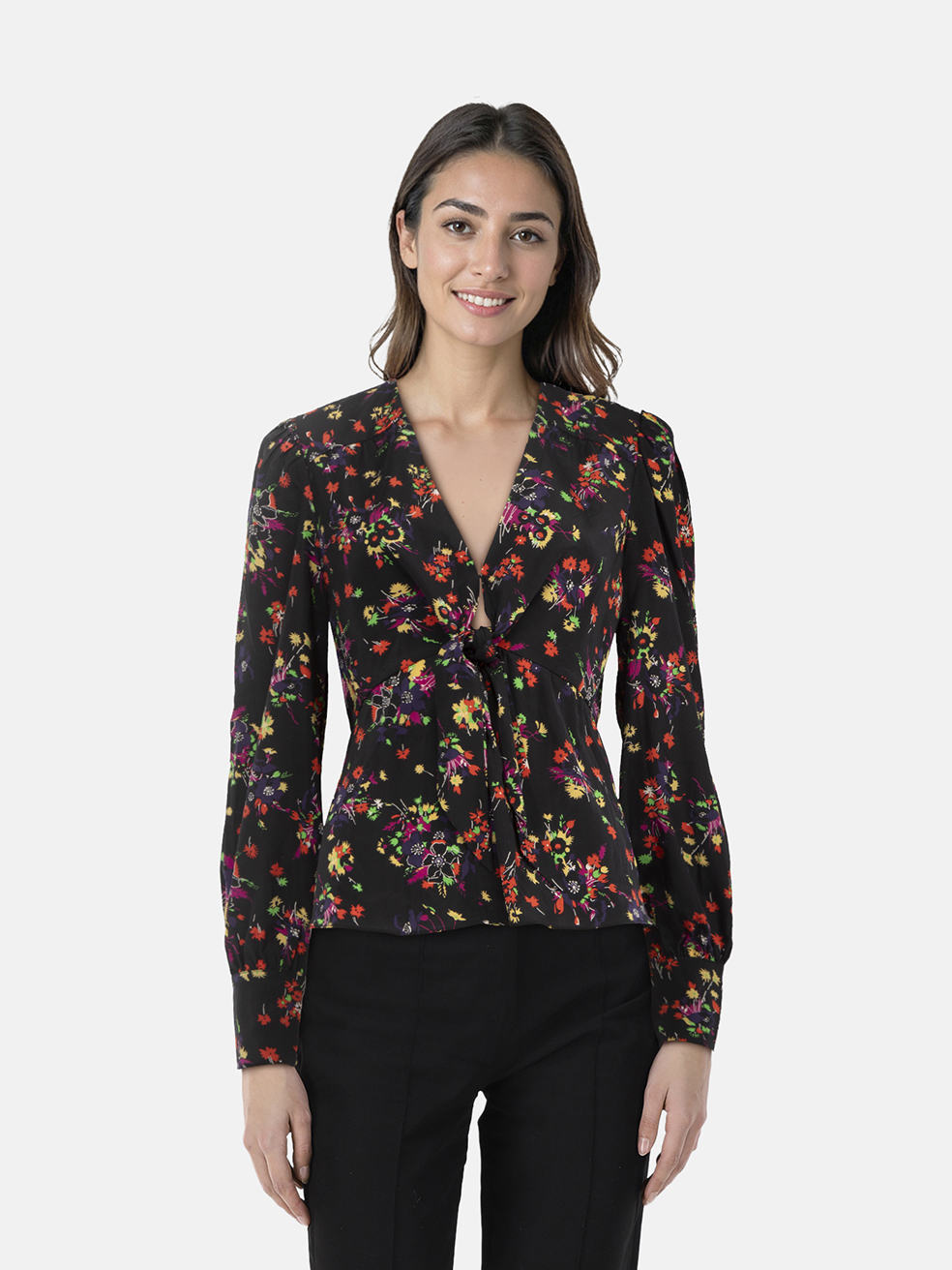 Veronica Beard Floral Silk Front Tie Blouse