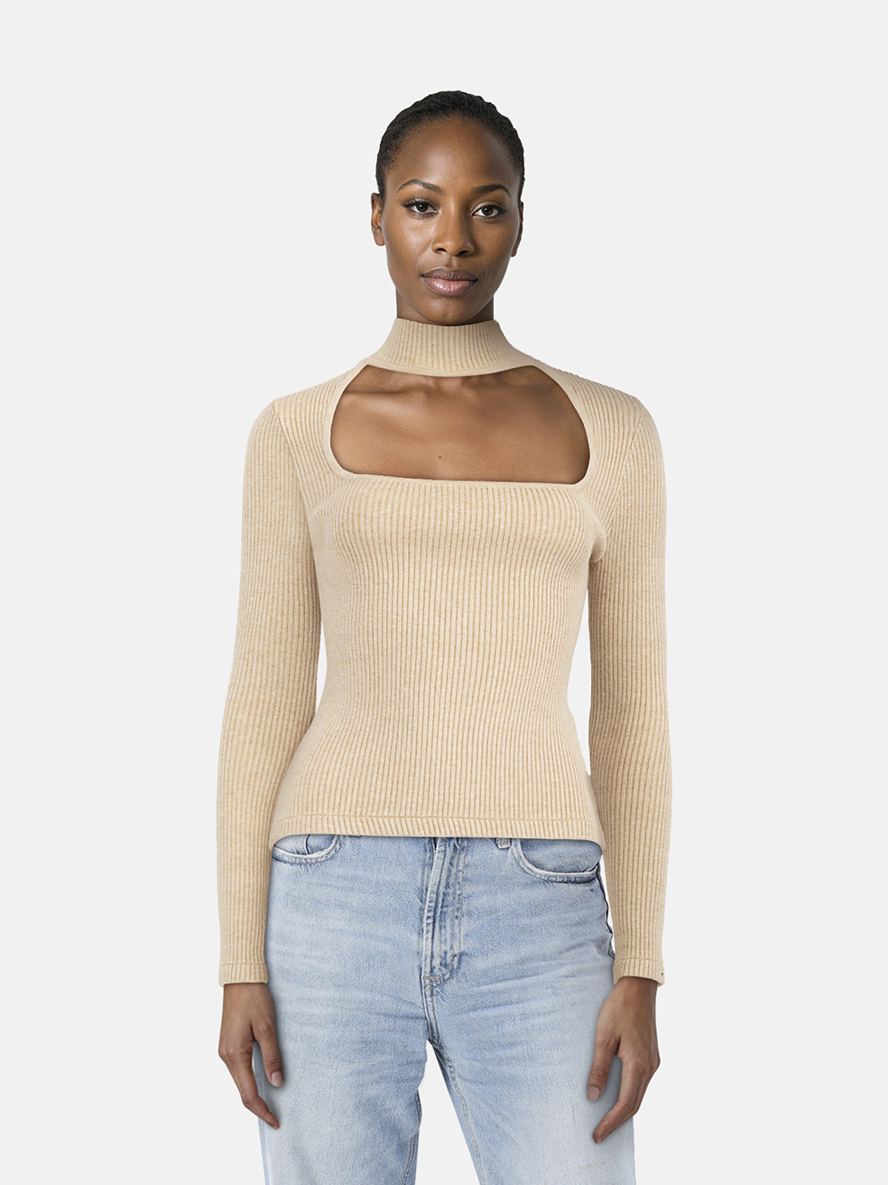 Jonathan Simkhai Beige Ribbed Cut Out Turtleneck