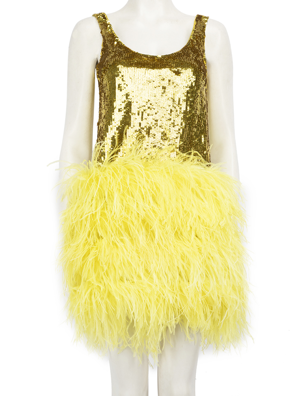 Valentino Garavani Pre-Owned Yellow Feather-Trimmed Sequinned Mini Dress