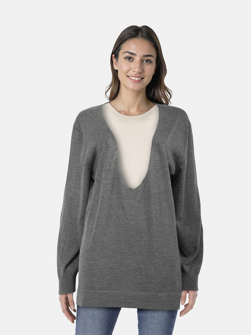 The Row Grey Cashmere Long Sleeve V-Neck Top
