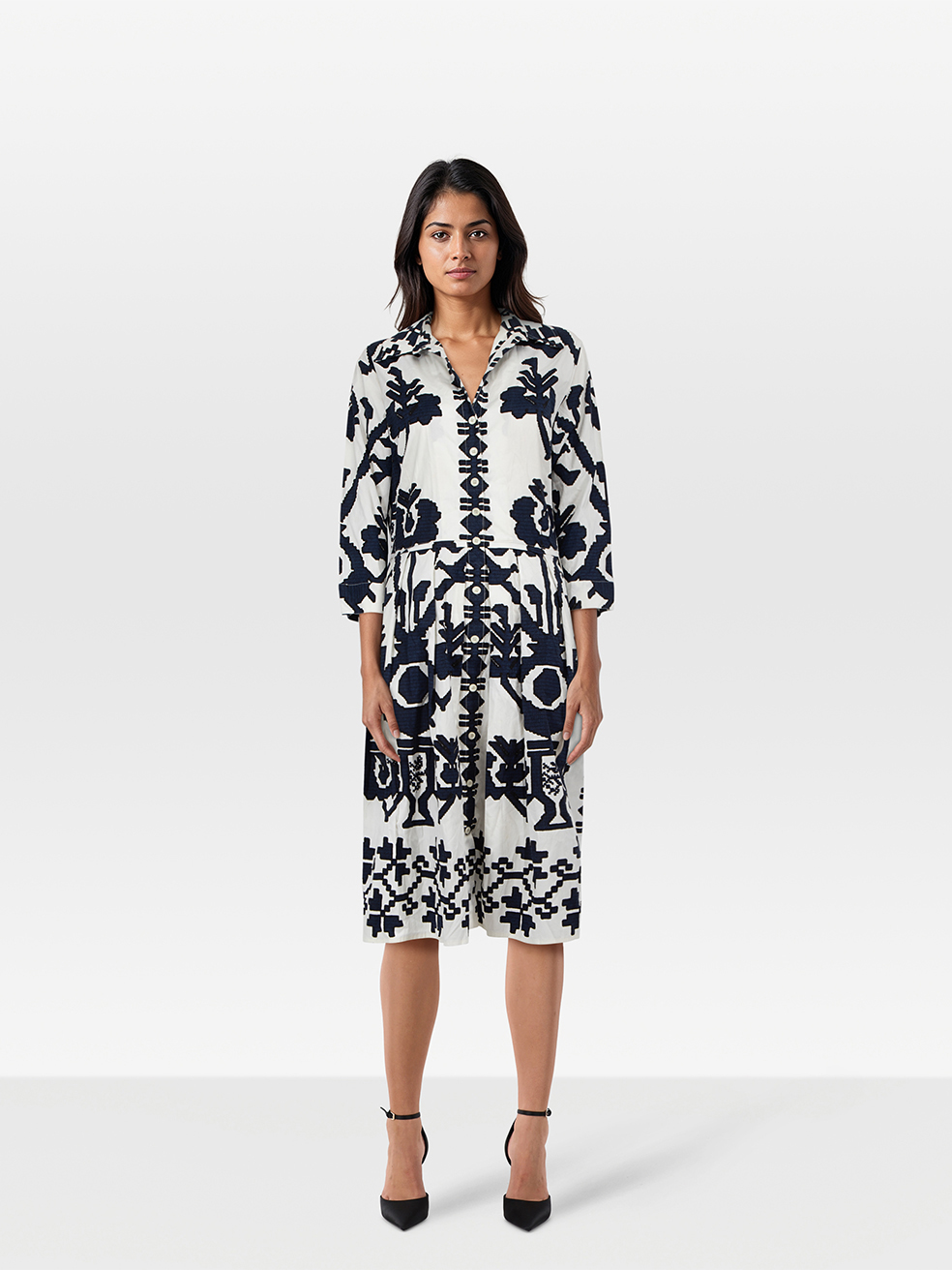 Samantha Sung Pre-Owned Blue & White Pattern Midi Dress