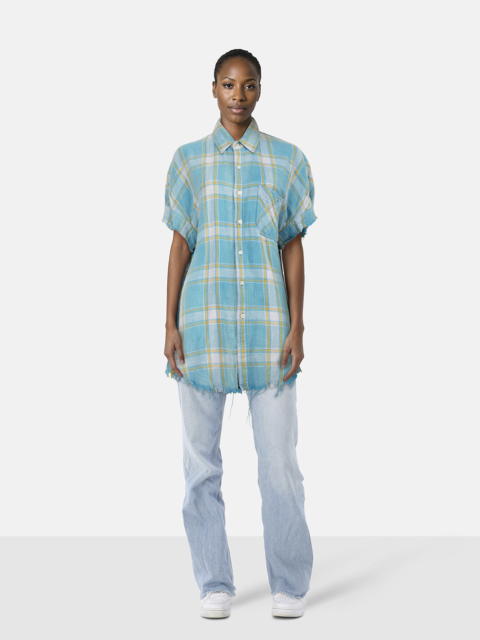 R13 Blue Tartan Distressed Flannel Shirt