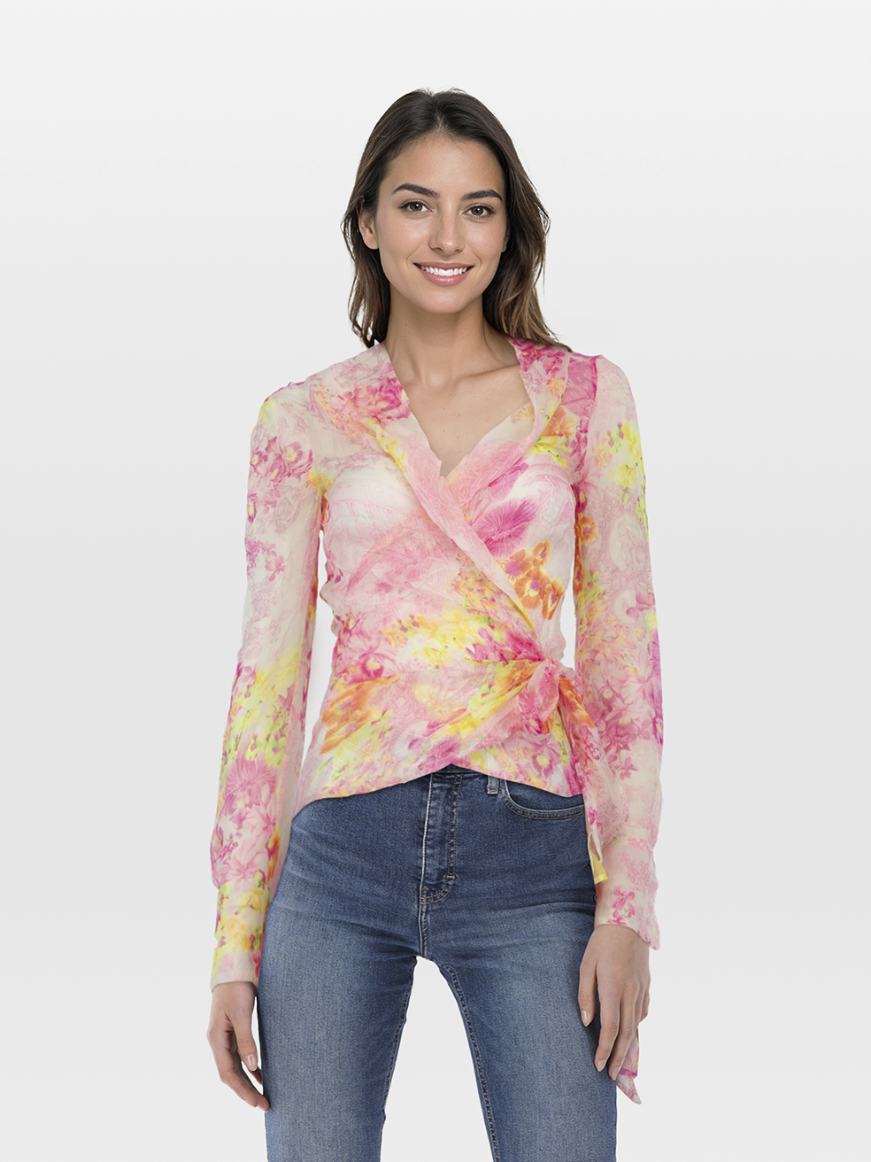 Versace Pre-Owned Pink Silk Floral Long Sleeve Sheer Blouse