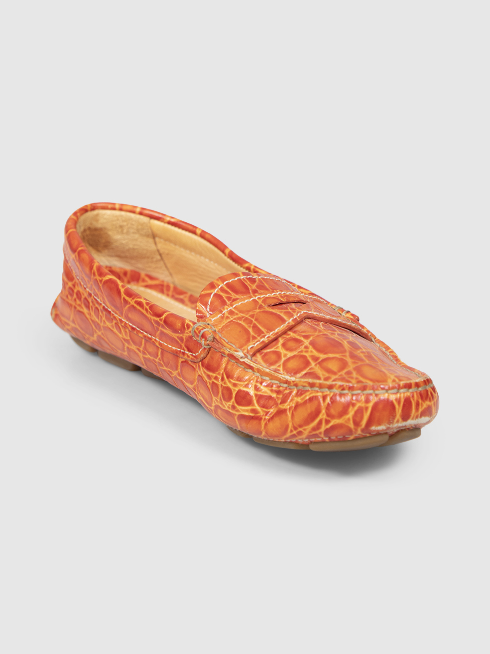 Prada Orange Leather Croc Embossed Loafers