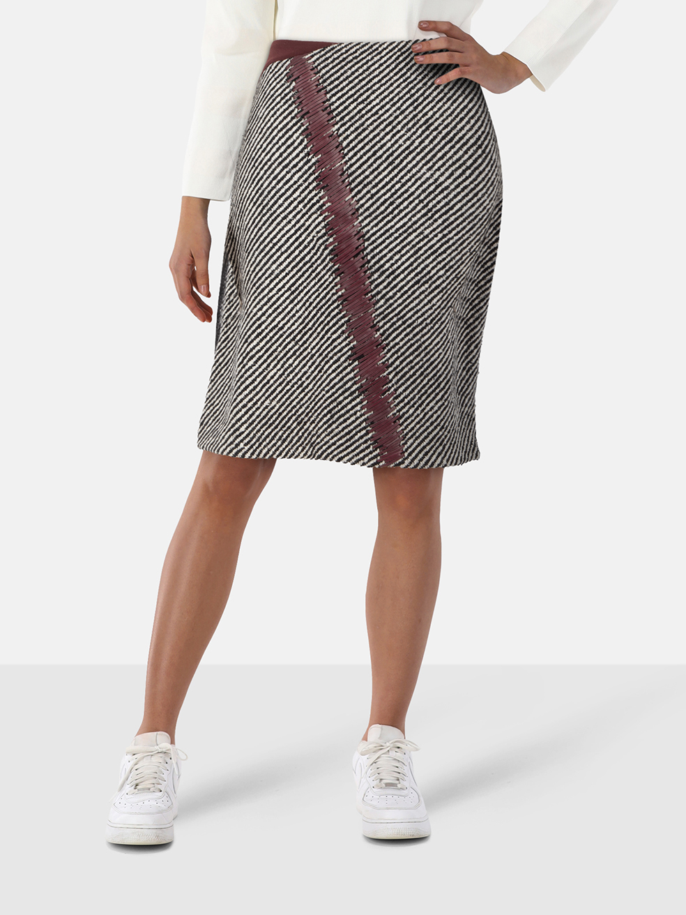 Fendi Wool Striped Tweed Leather Detail Midi Skirt