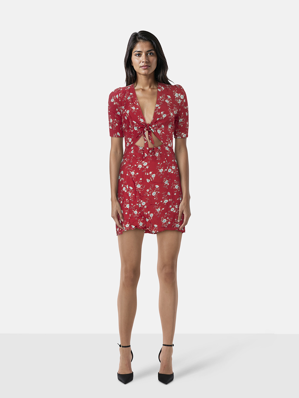 Reformation Red Floral Tie Front Mini Dress