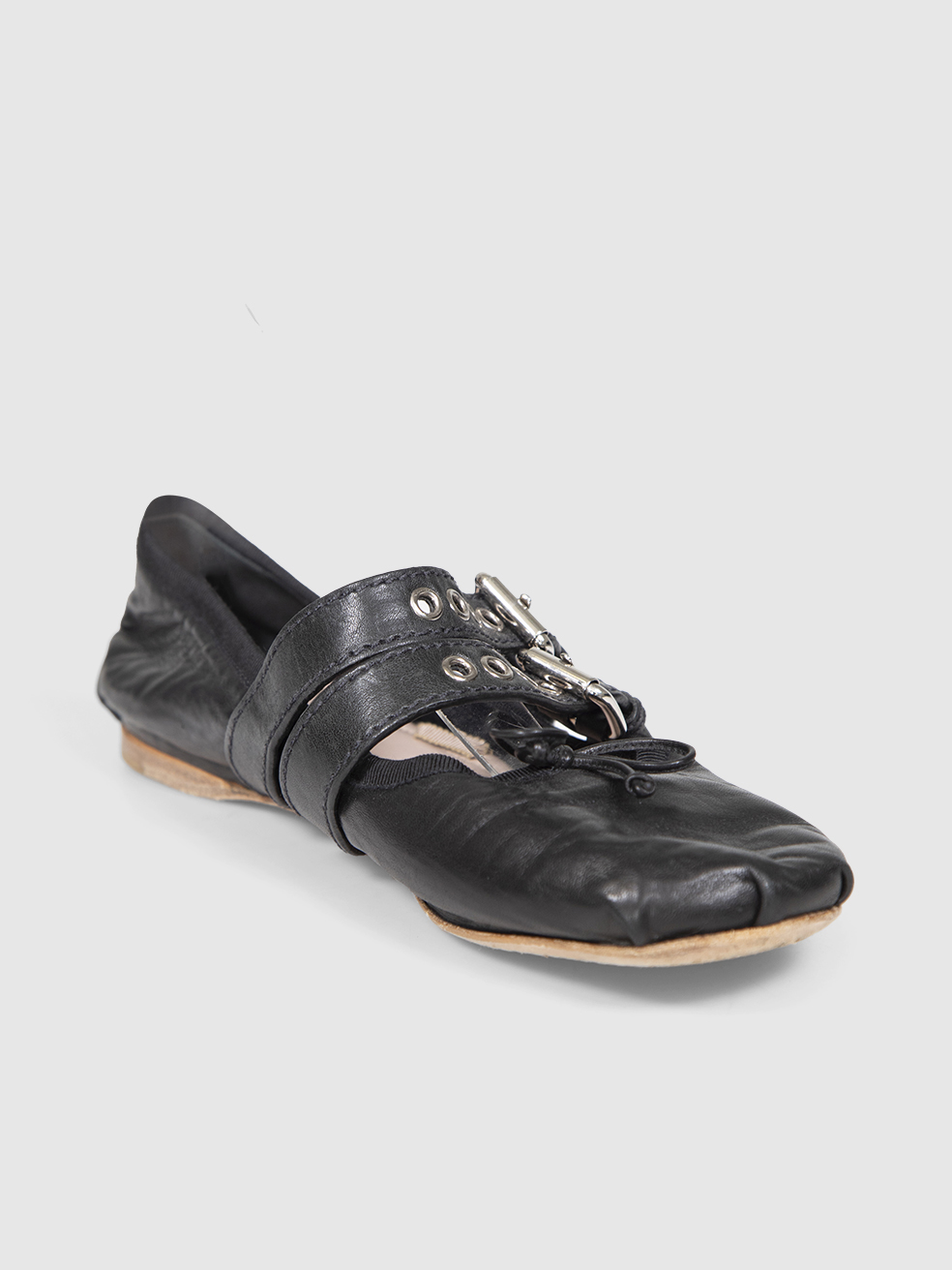 Miu Miu Black Leather Buckled Ballerina Shoes