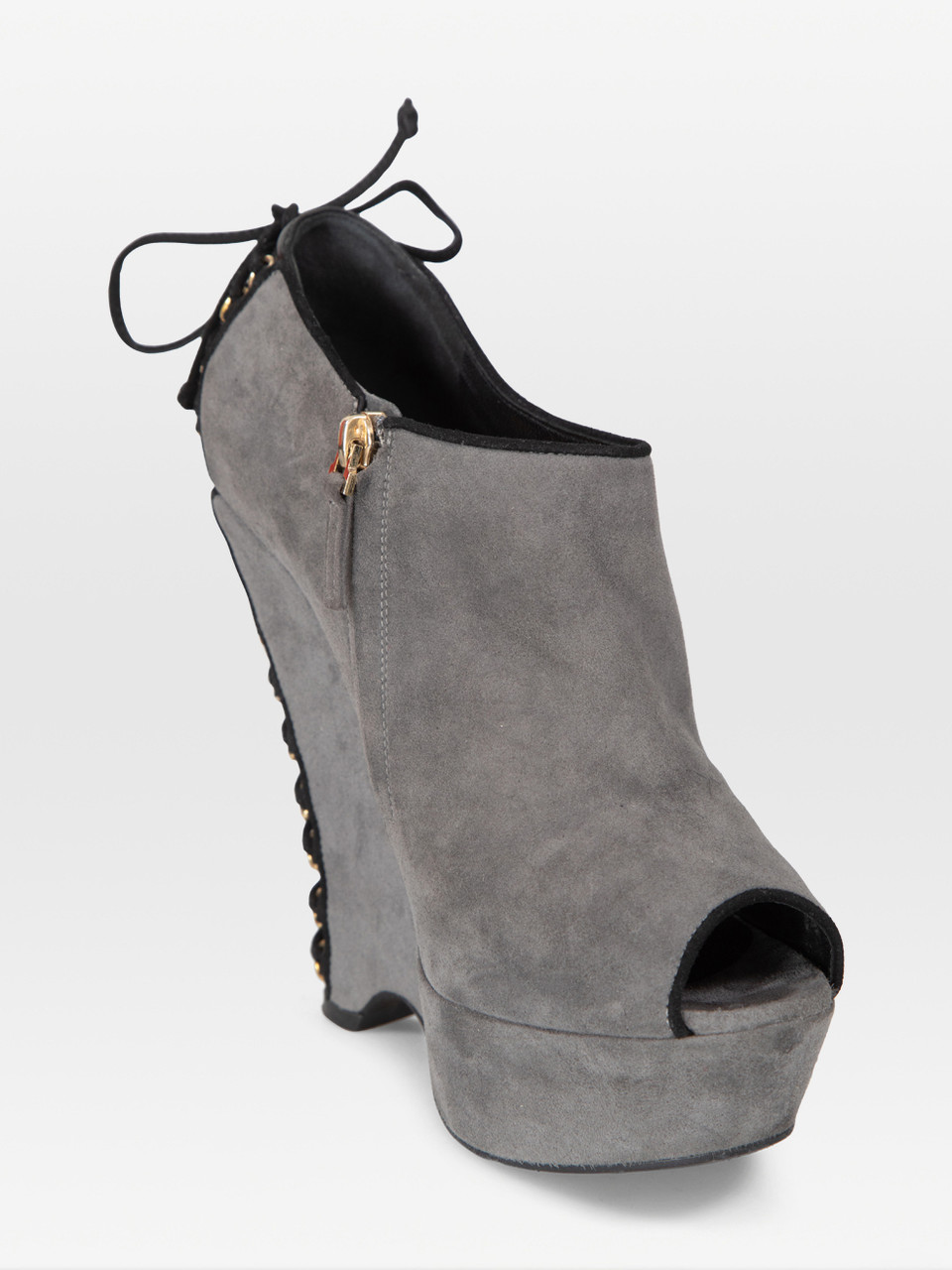 Saint Laurent Grey Suede Peep Toe Lace Up Wedge