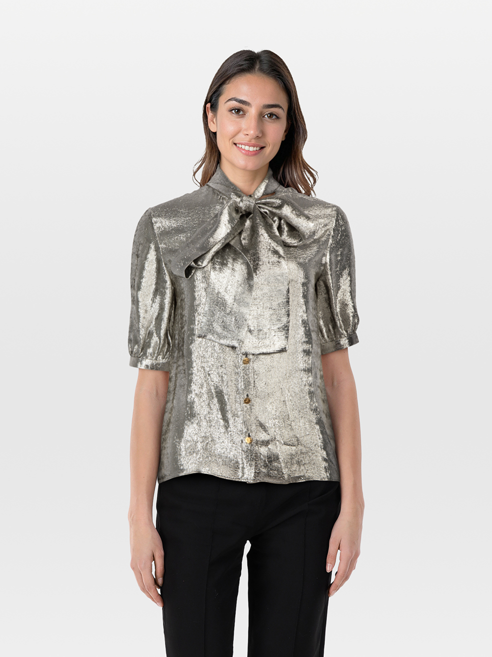 Céline Pre-Owned Silver Silk Neck Tie Detail Blouse