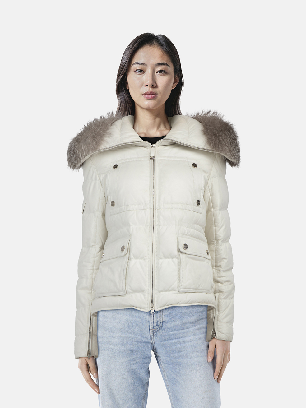 Tod's White Lambskin Fox Fur Puffer Coat
