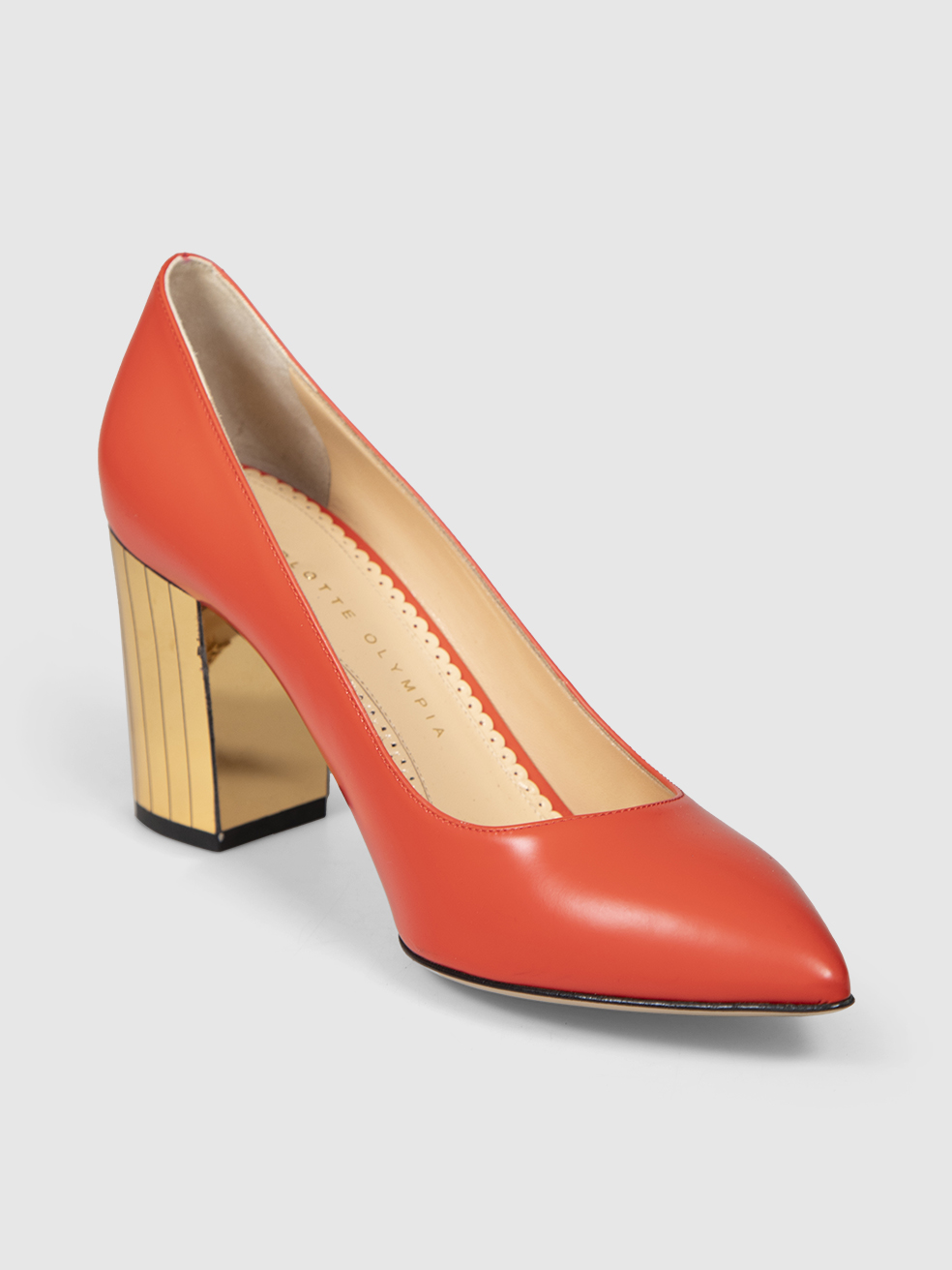 Charlotte Olympia Orange Leather Gold Heel Pumps