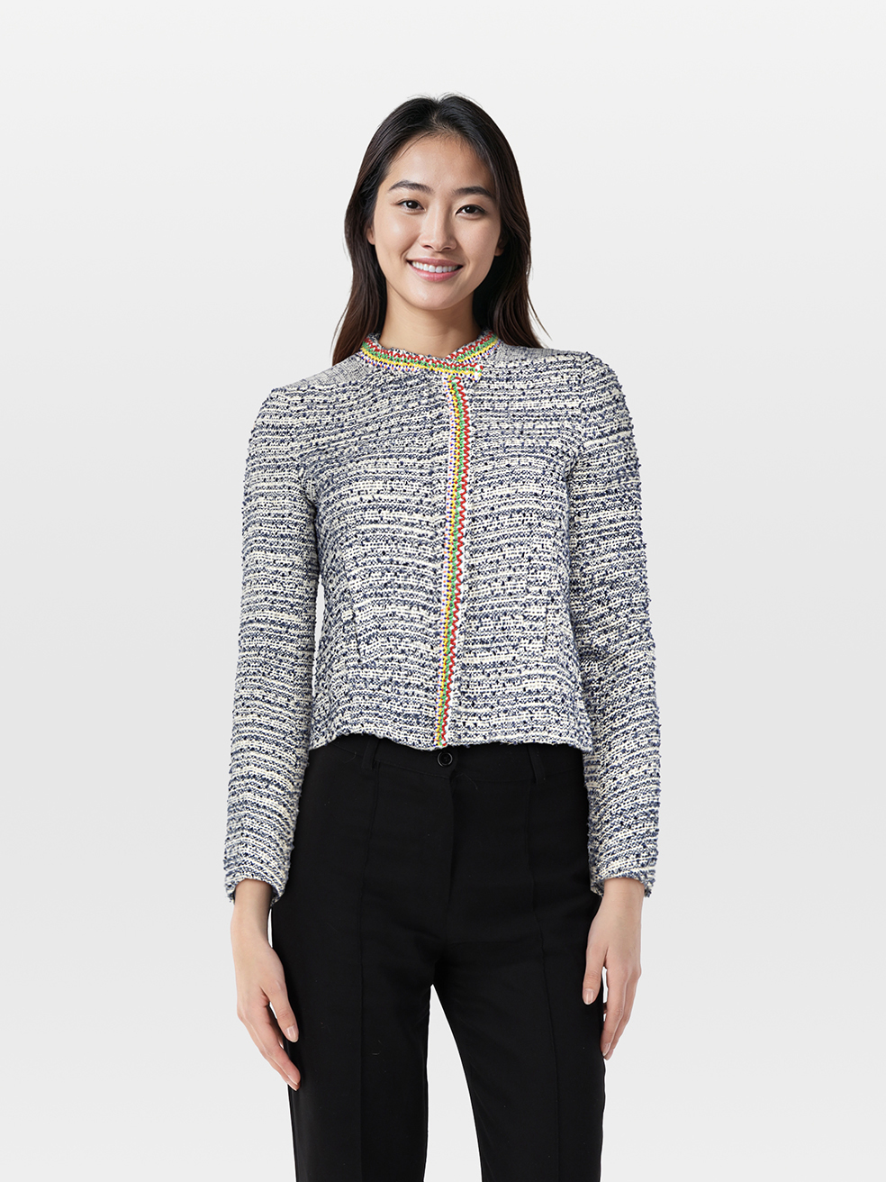 Maje Pre-Owned Blue Tweed Beaded Trim Jacket