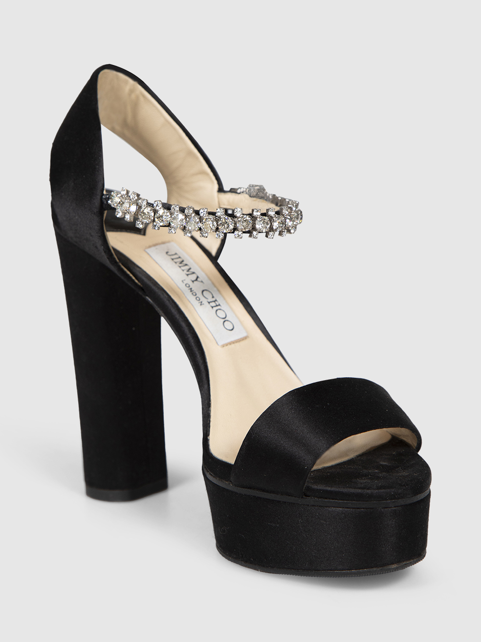 Jimmy Choo Black Satin Crystal Platform Sandals